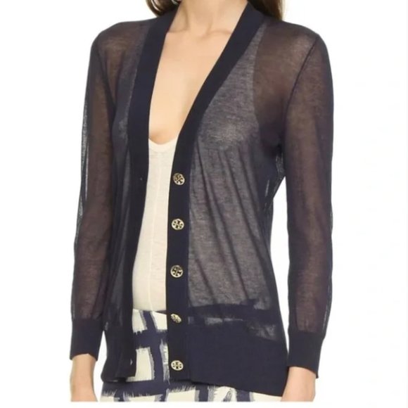 Tory Burch Sweaters - Tory Burch Navy Simone Sheer Cardigan | Small